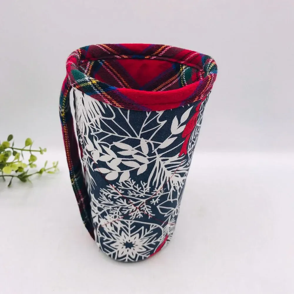 Drink Coozie w Handle Hot Cold Insulated Christmas Navy, Red, Plaid, Pinecones